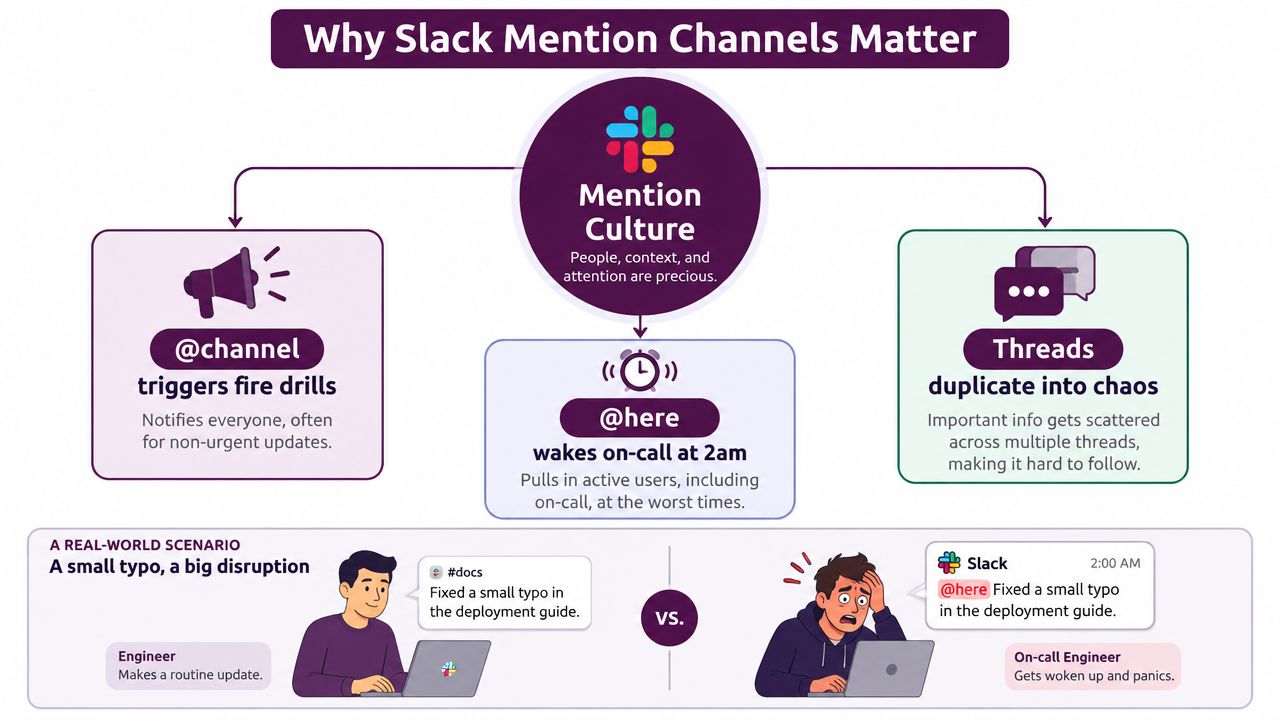 An infographic showing why using @channel or @here on Slack disrupts work and creates unnecessary stress.