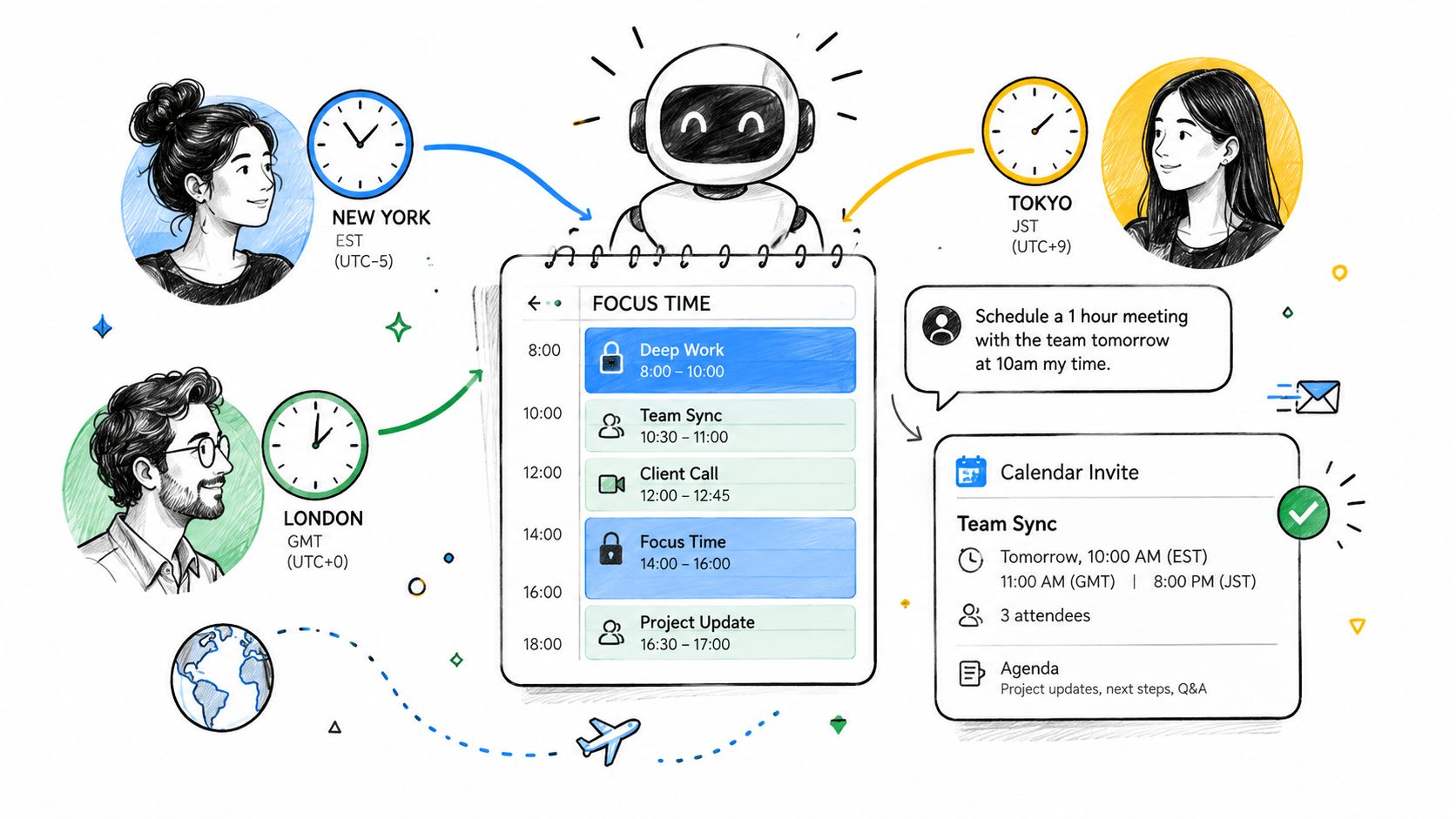 An illustration showing a robot assistant coordinating team meetings across different global time zones for workers.