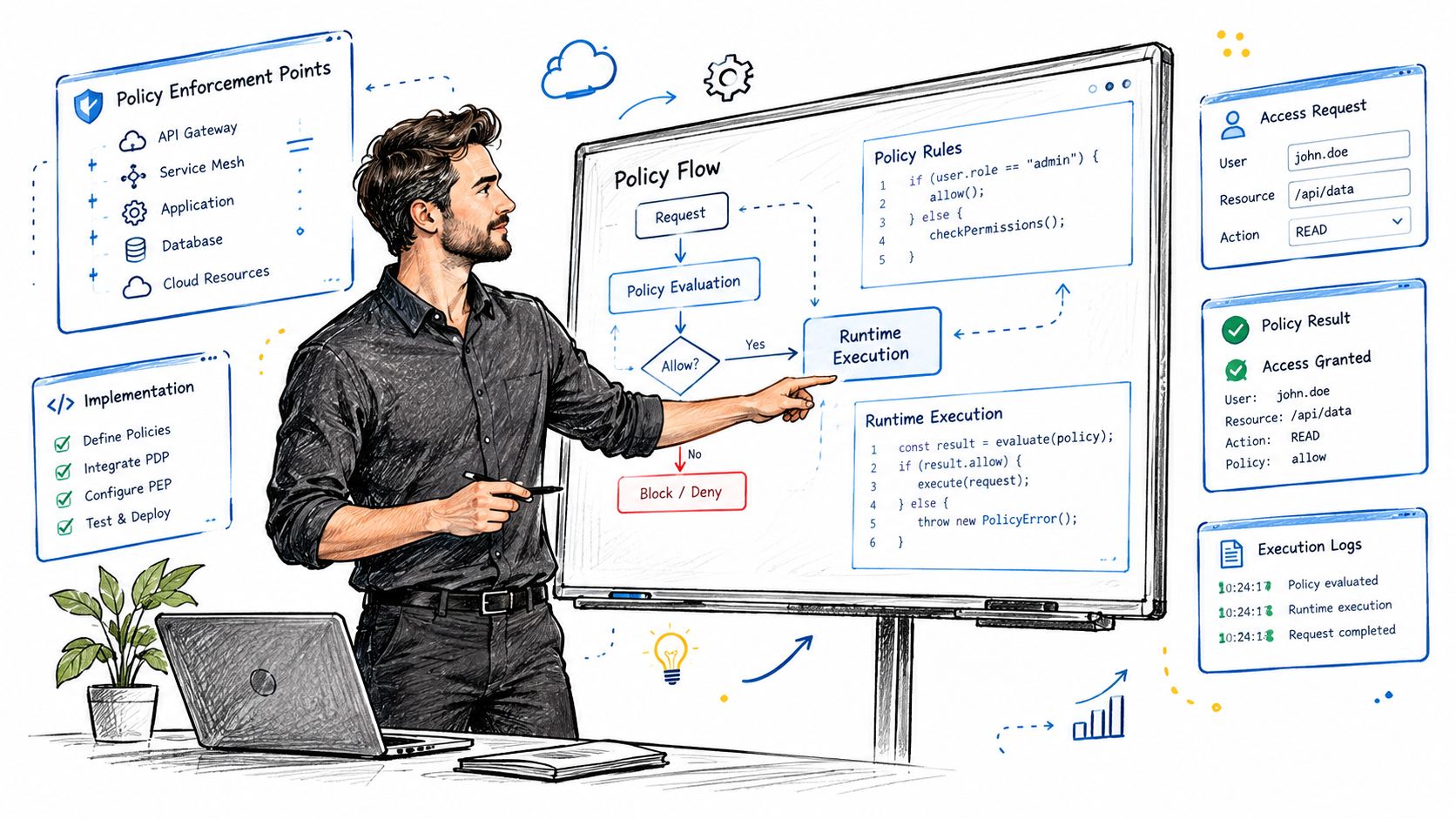 A professional explaining a visual policy flow chart on a whiteboard, illustrating access management concepts and software architecture.
