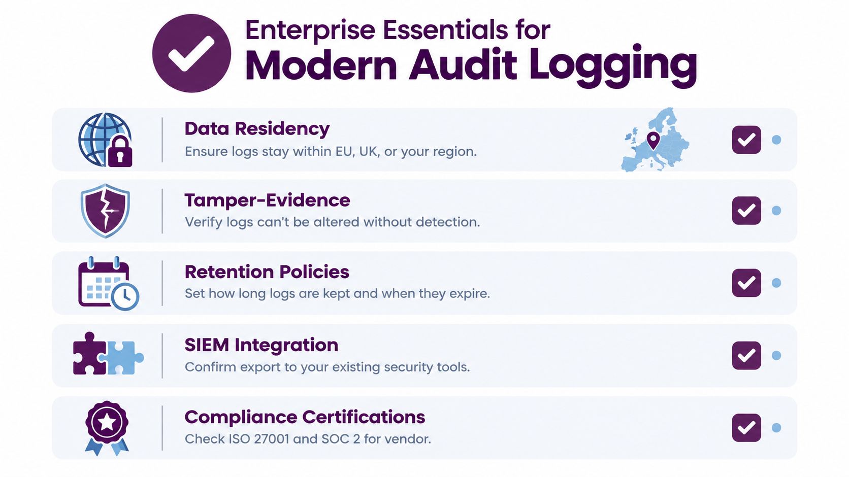 A list of five essential features for modern enterprise audit logging, including data residency and compliance.