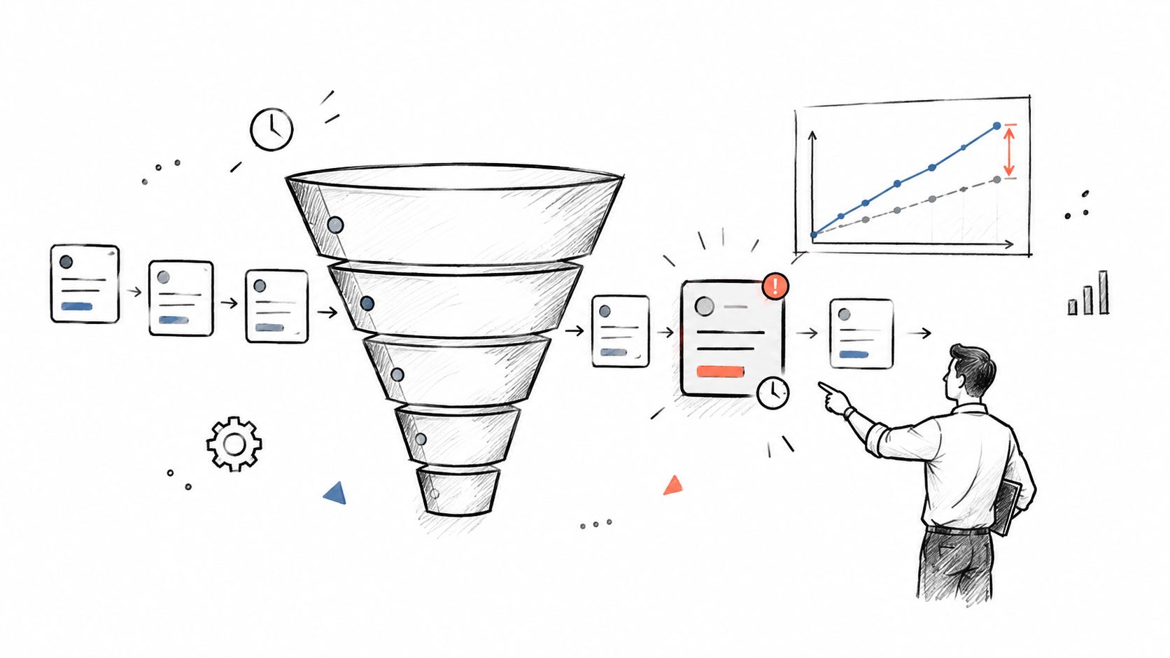 A hand-drawn illustration showing a sales funnel process followed by data analysis and anomaly detection.