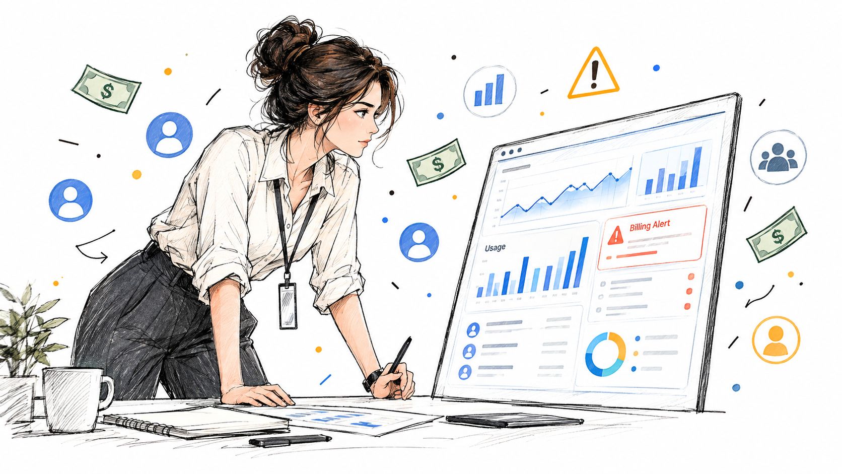 A professional woman analyzing digital business data and billing alerts on a large monitor at her desk.