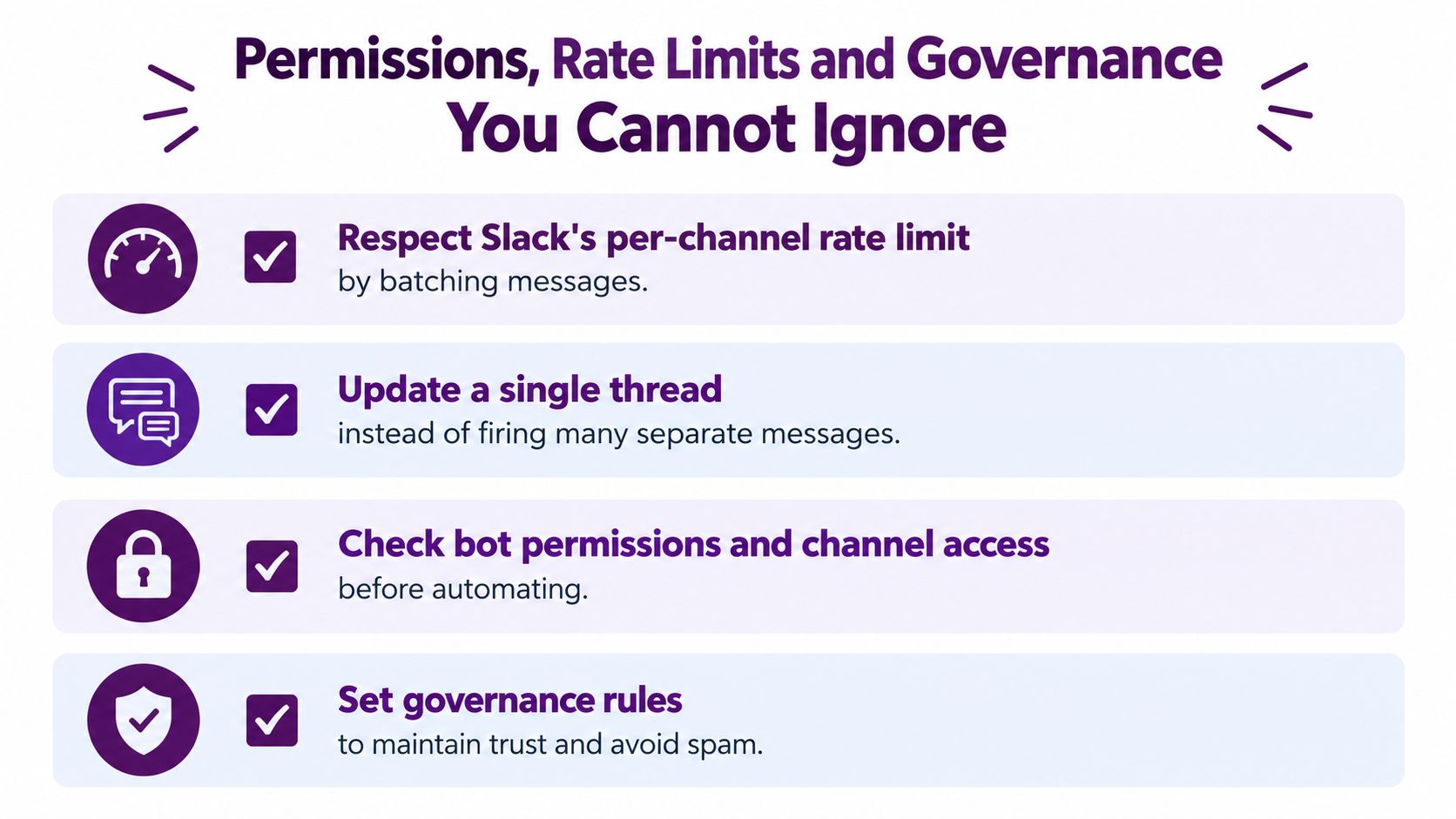 A graphic listing four key best practices for managing Slack automated messages and bot governance.
