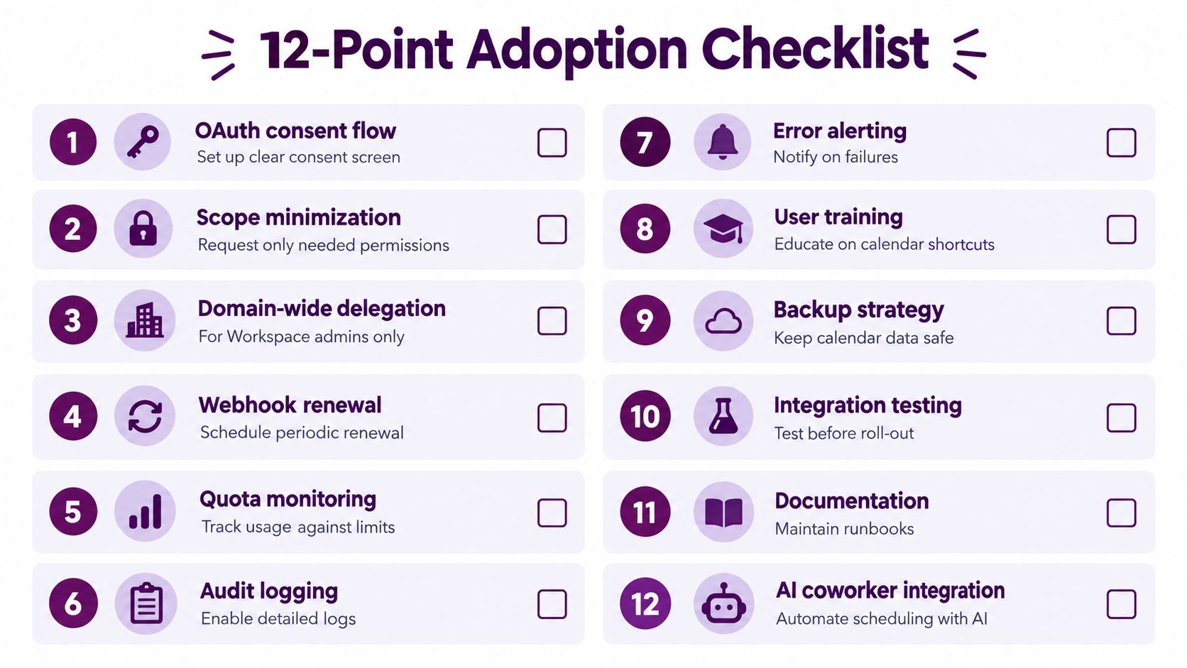 A 12-point adoption checklist graphic highlighting key steps for implementing Google Calendar automation for business teams.