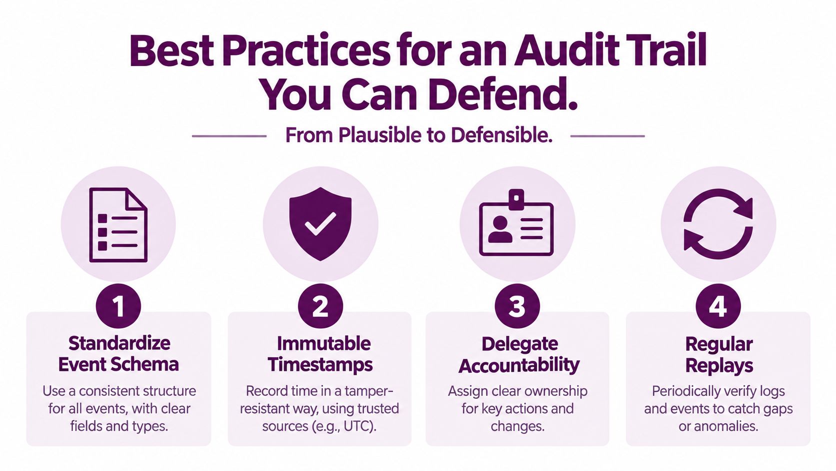An infographic detailing four essential best practices for creating a defensible and secure audit trail.