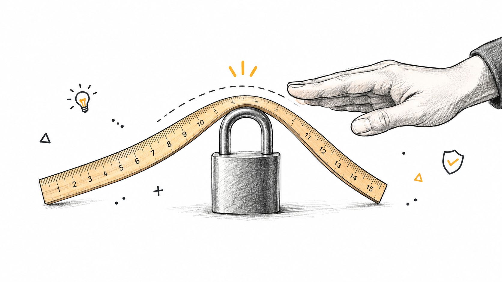 A hand pressing down on a flexible ruler bent over a metal padlock on white background.