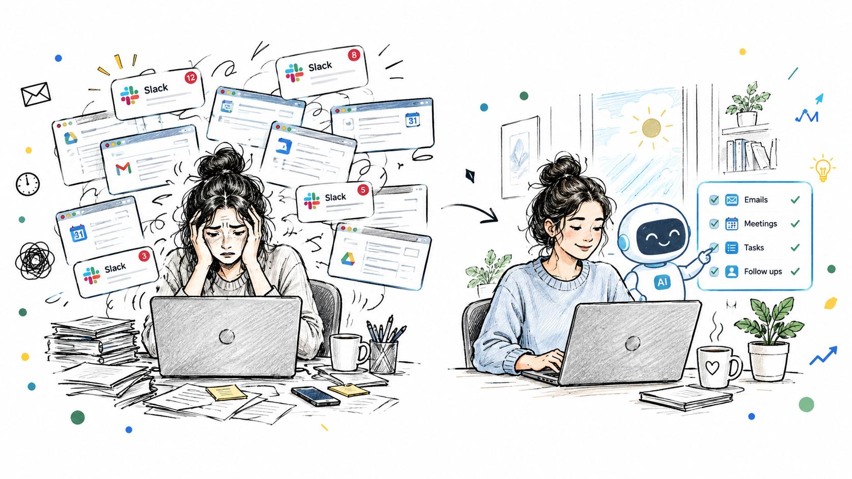 A split image showing a stressed worker overwhelmed by notifications compared to a calm worker assisted by AI.