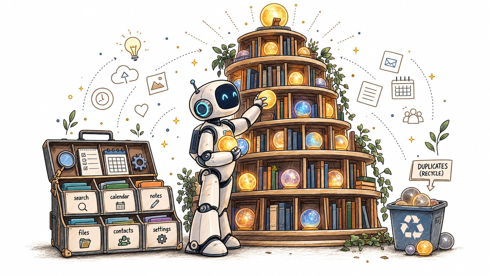 A friendly robot organizing data files into a circular bookshelf and recycling duplicate information in a bin.
