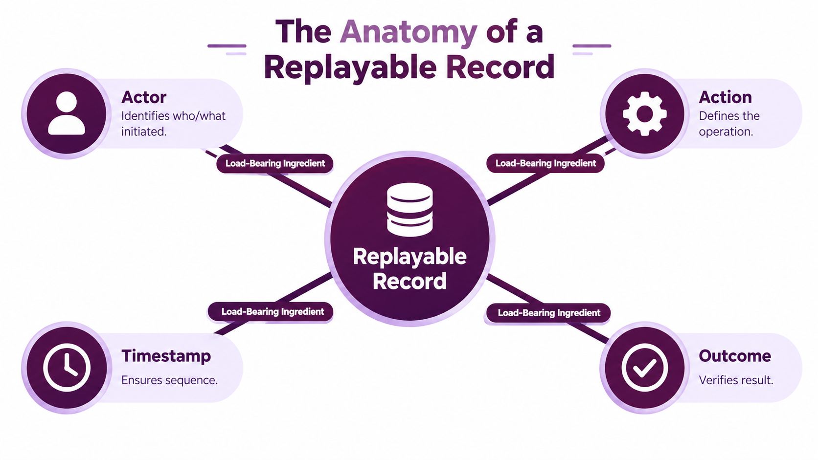 A diagram illustrating the four key components of a replayable record: Actor, Action, Timestamp, and Outcome.