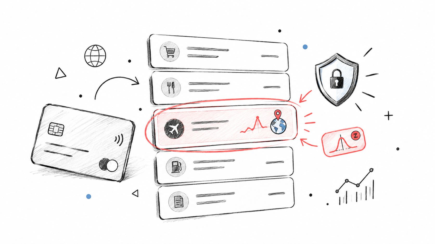 A conceptual illustration showing credit card transaction monitoring with anomaly detection highlighted on a mobile banking list.