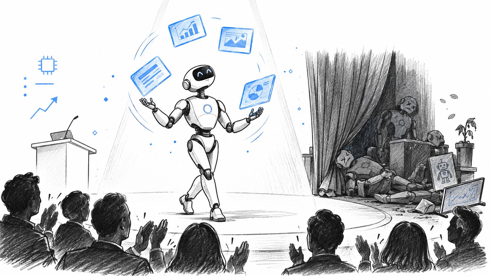 A modern robot on stage juggling digital data panels while older, broken robots sit backstage discarded.