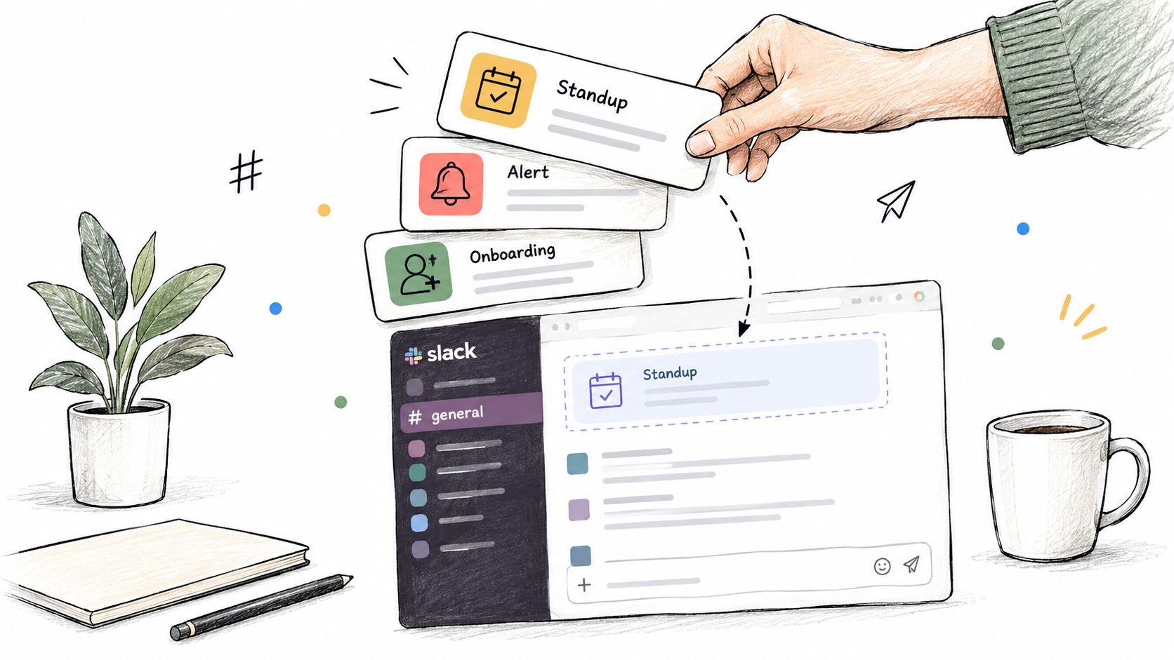 A hand placing a digital standup notification card into a Slack window workspace illustration.