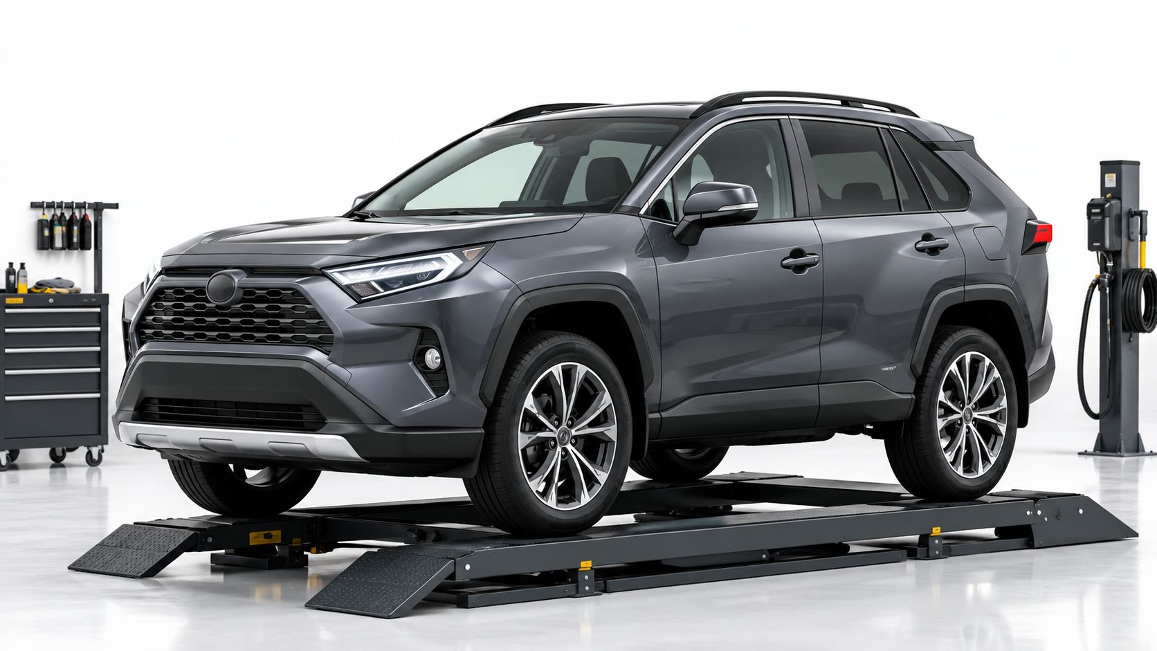 A gray midsize SUV parked on a vehicle lift inside a brightly lit professional automotive repair garage.