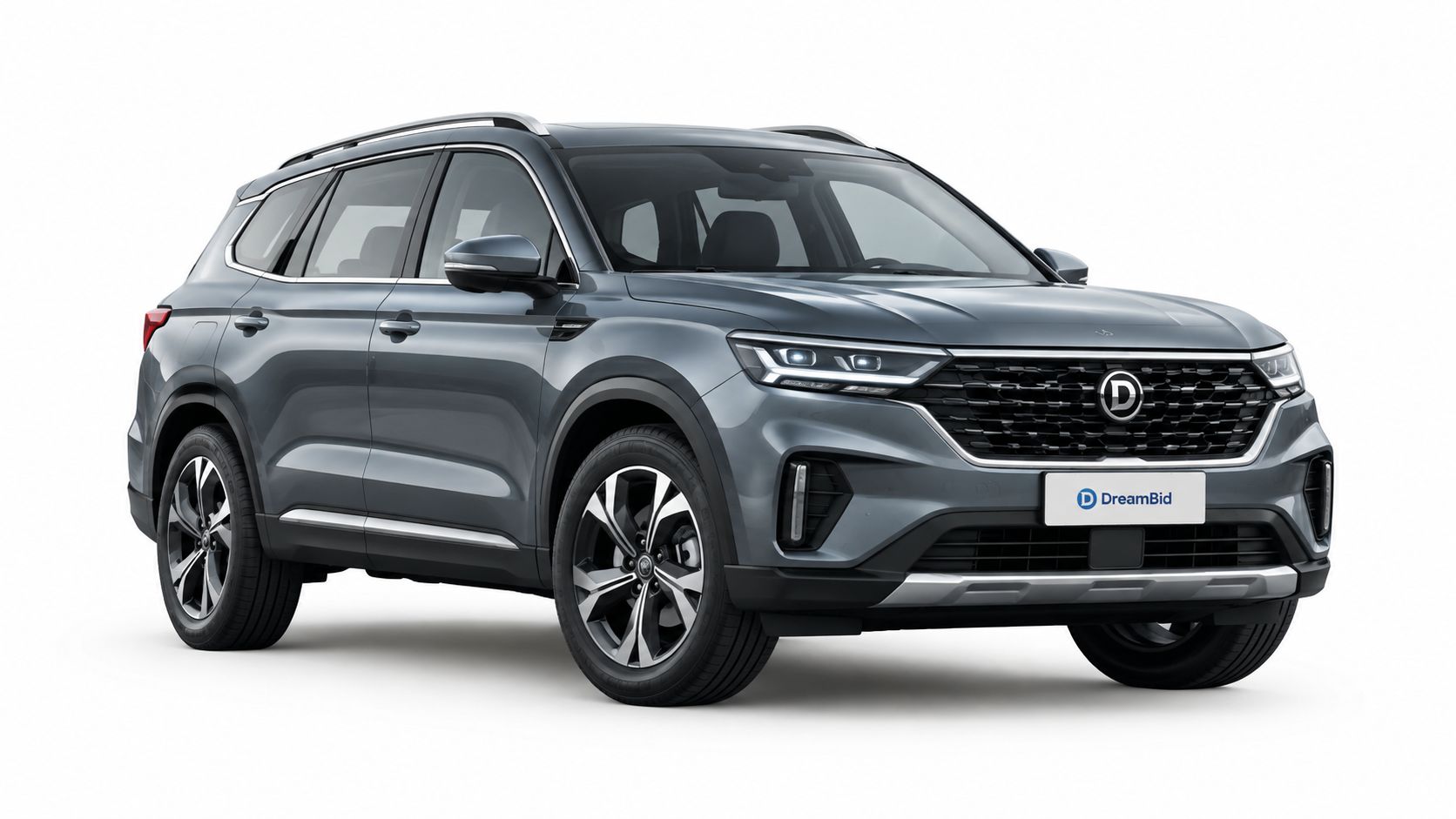 A sleek modern dark gray family SUV parked against a clean white background studio setting