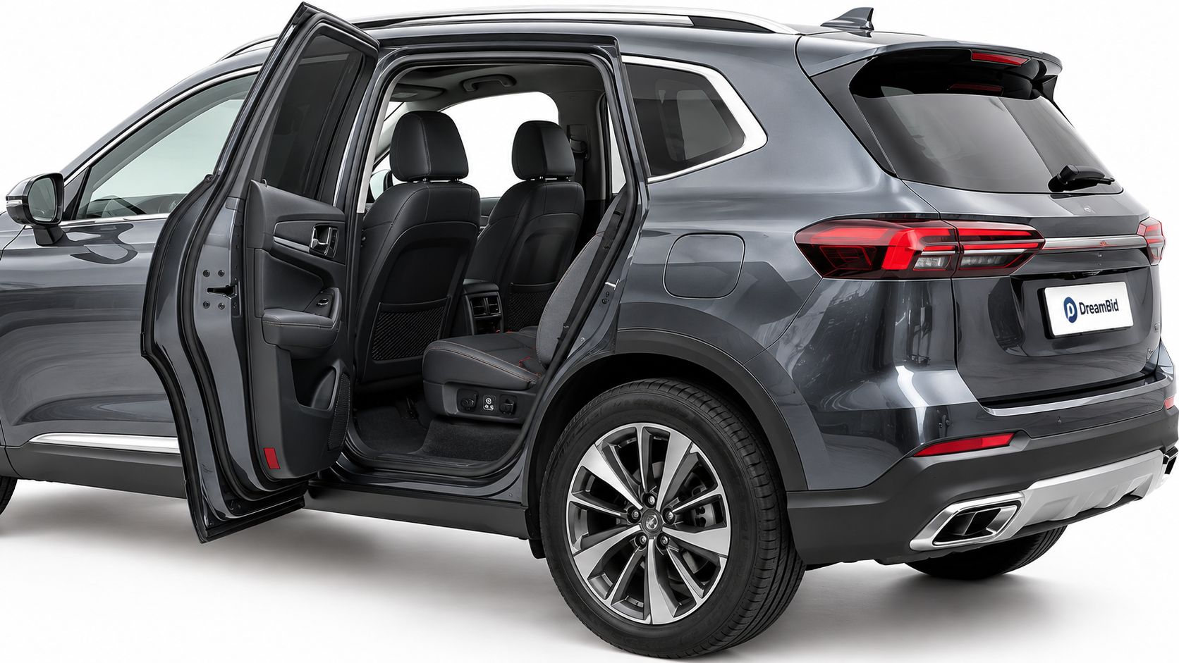 A modern charcoal gray SUV parked with rear doors open showing a spacious black leather interior.