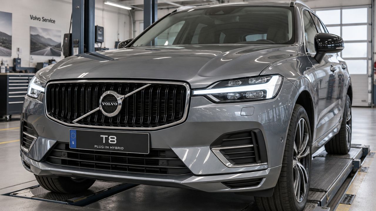 Современный серый внедорожник Volvo XC60 T8 Plug-in Hybrid, припаркованный в светлом профессиональном центре обслуживания автомобилей.