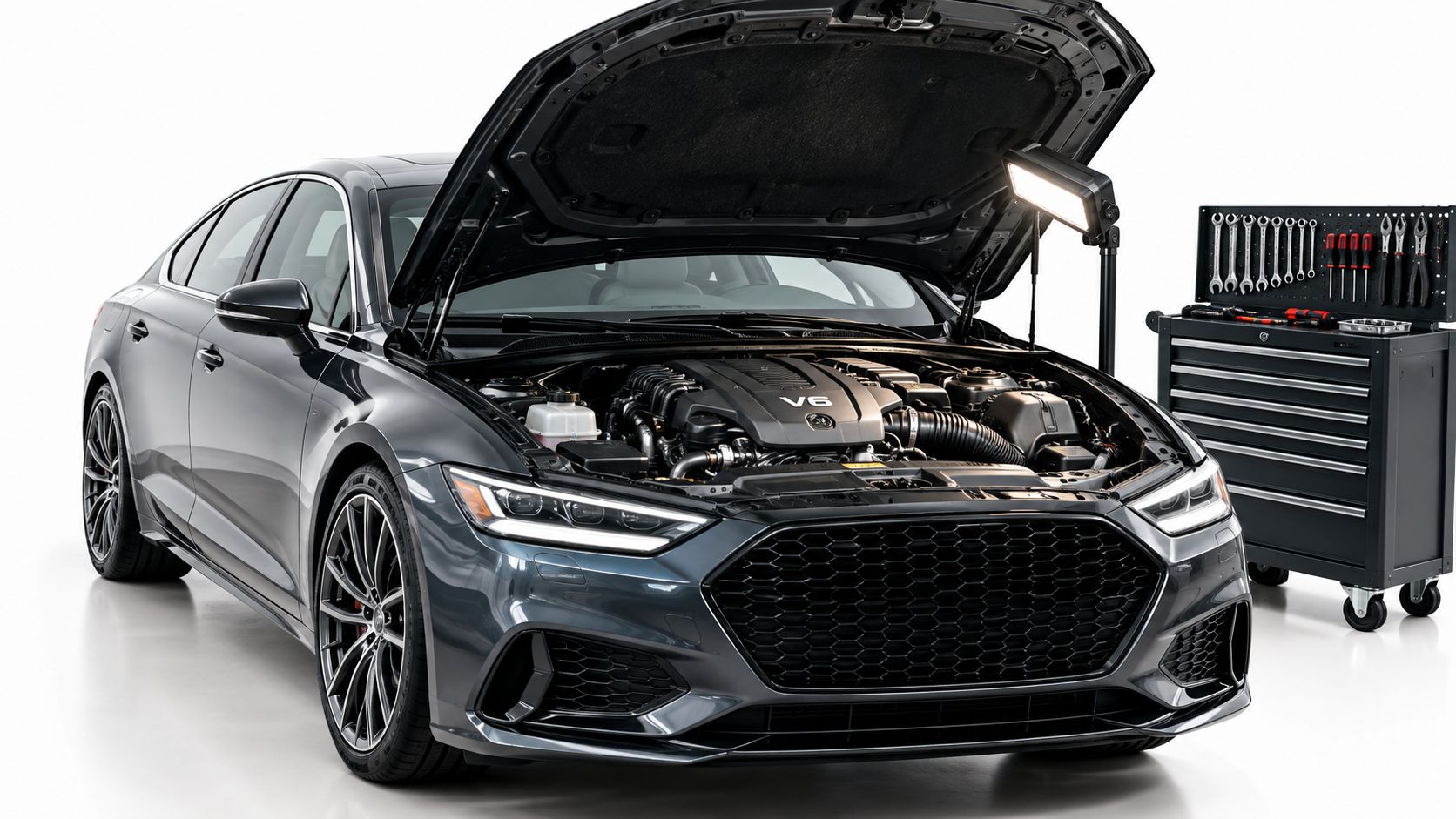 A modern grey luxury sedan with its hood open in a professional garage setting with tools.