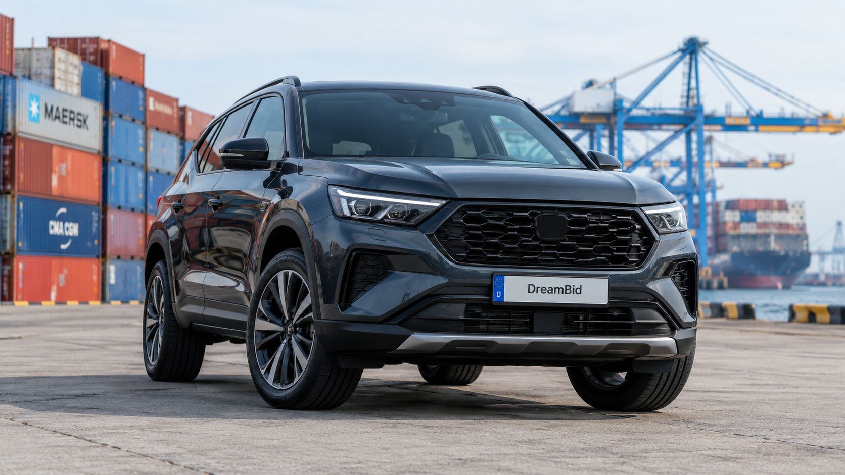 A sleek dark grey compact SUV parked on a concrete dock against a backdrop of shipping containers.