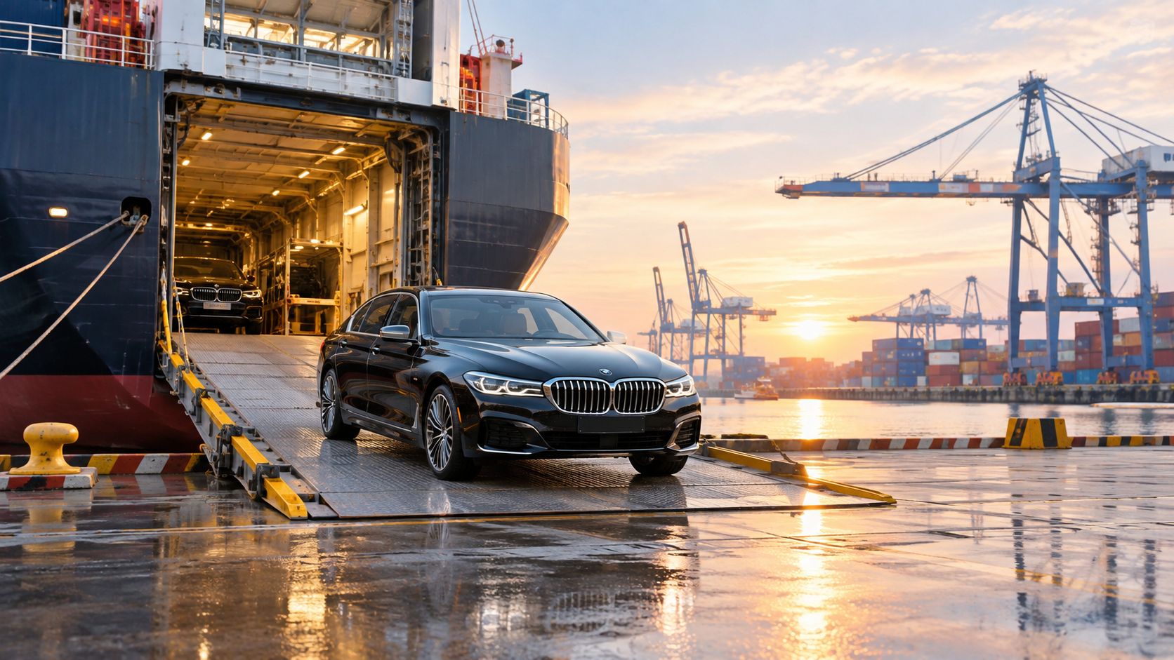 A black BMW luxury sedan is being unloaded from a large cargo ship at a busy port.