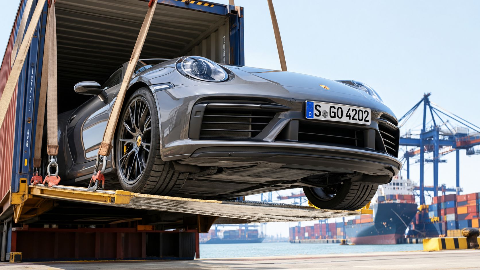 A sleek gray Porsche 911 being loaded into a shipping container at a busy commercial port facility.