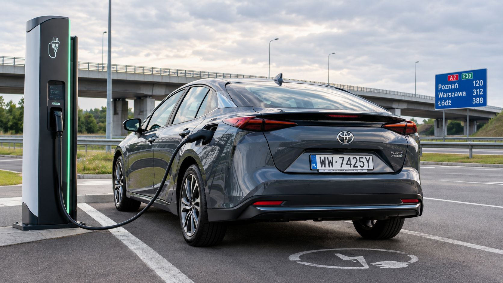 A modern grey Toyota plug-in hybrid car charging at an electric station next to a highway sign.