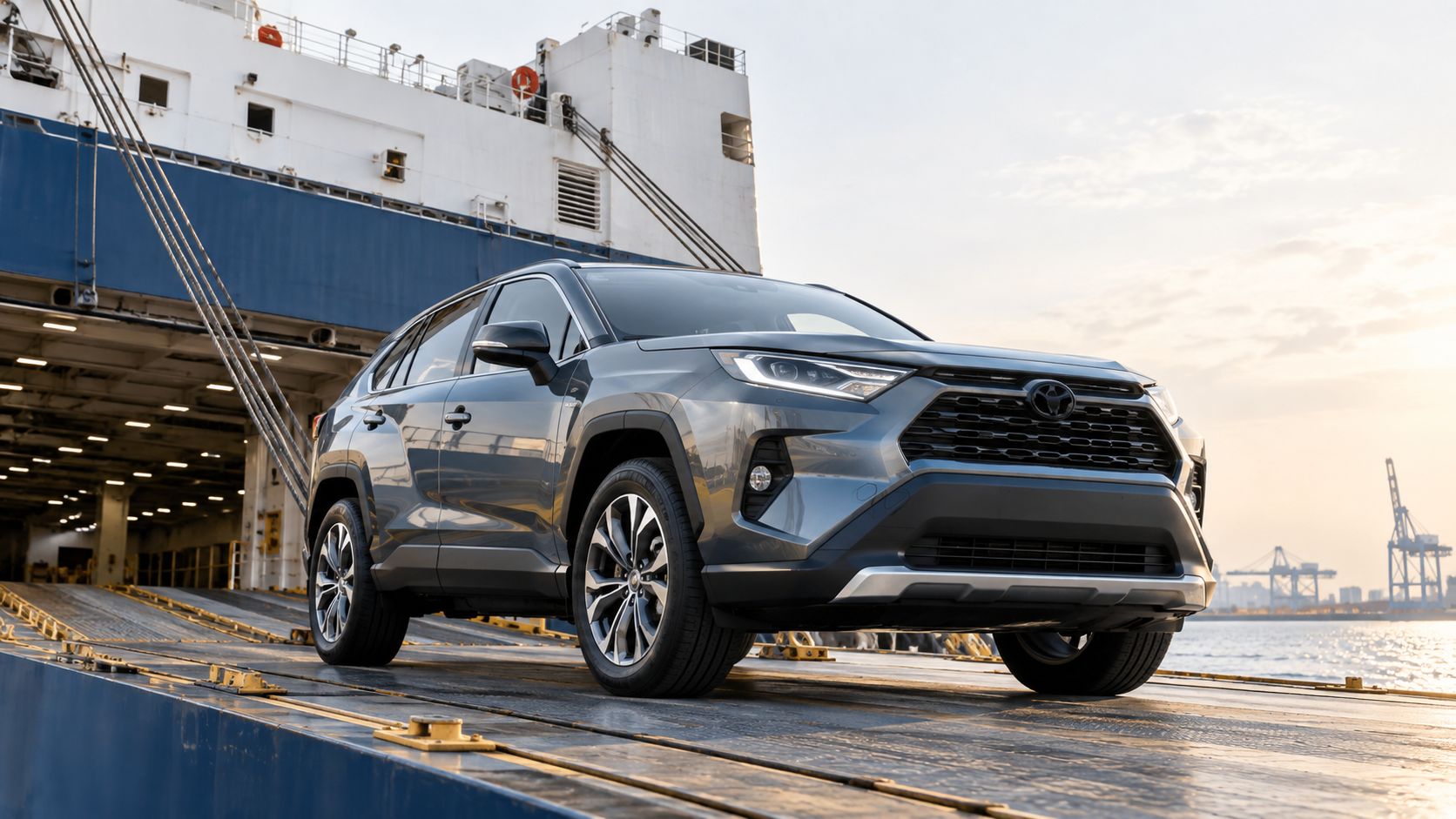 A modern grey midsize SUV parked on the loading ramp of a large cargo ship at sunset.