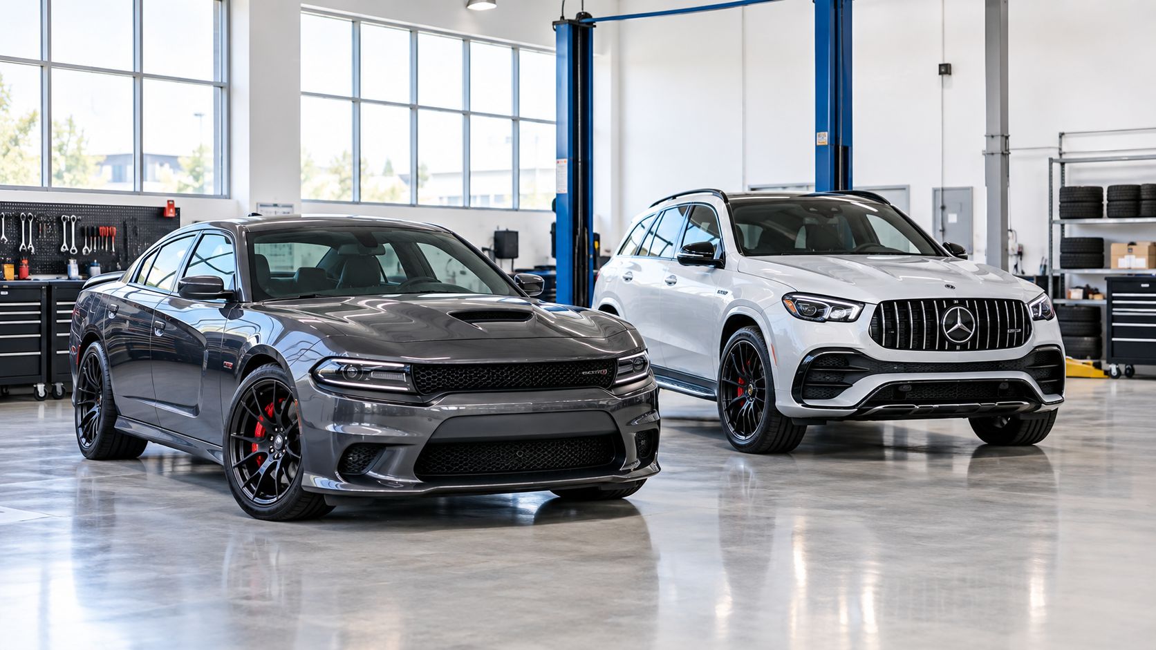 A gray Dodge Charger and a white Mercedes-Benz SUV parked inside a professional automotive repair shop.