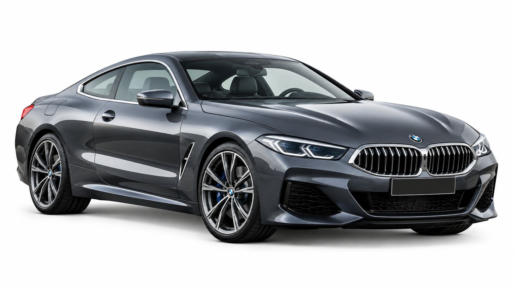 A sleek dark grey BMW 8 Series luxury sports coupe parked against a clean white background.