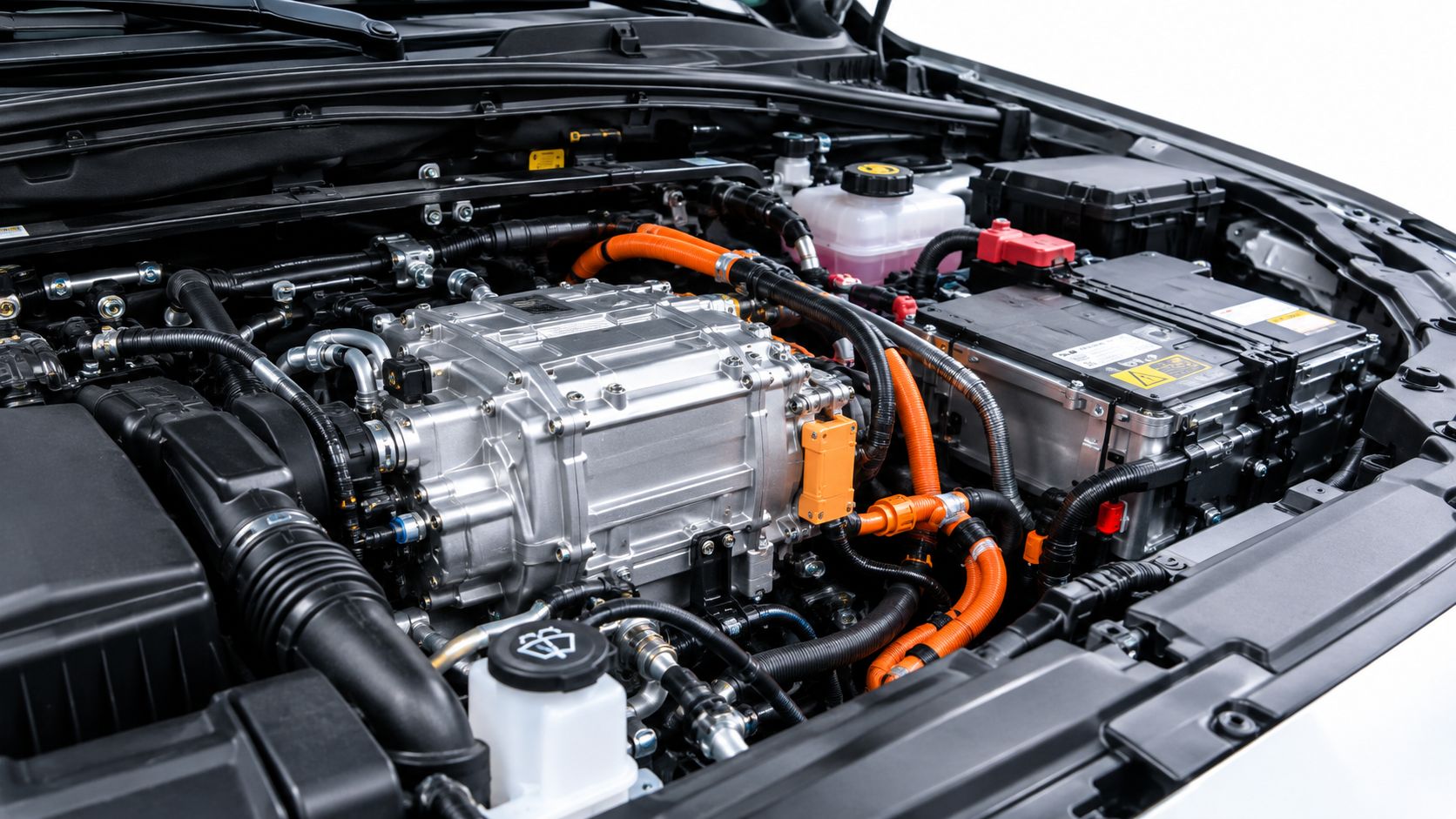 A detailed high-angle view of a clean modern hybrid electric car engine bay with prominent orange cabling.