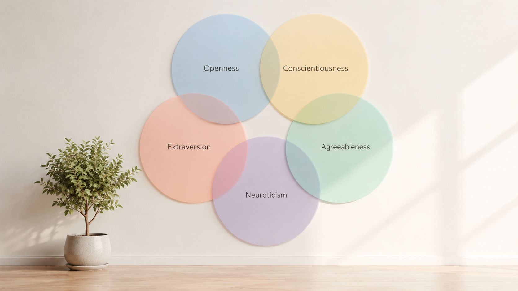 A diagram on a wall illustrating the five major personality traits represented by overlapping colored circles.