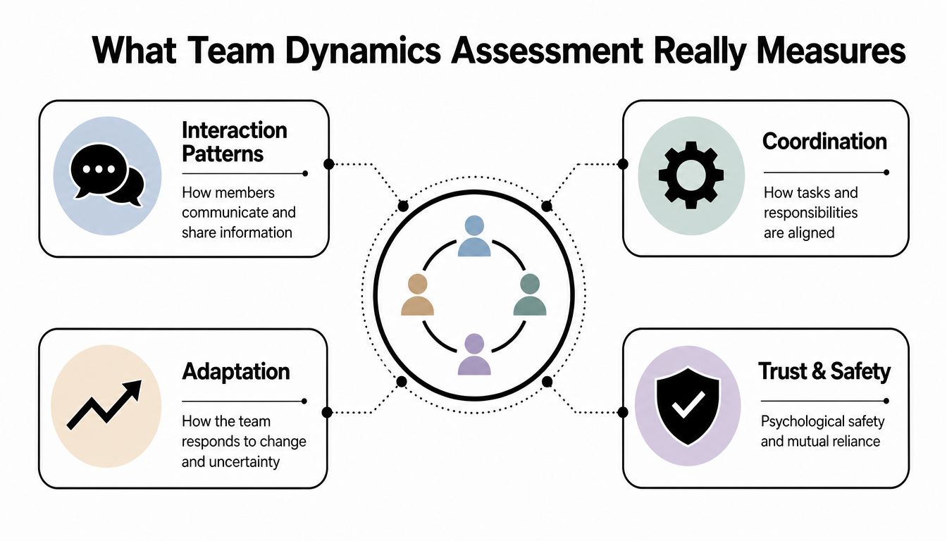 A chart showing four components of a team dynamics assessment: interaction patterns, coordination, adaptation, and trust and safety.