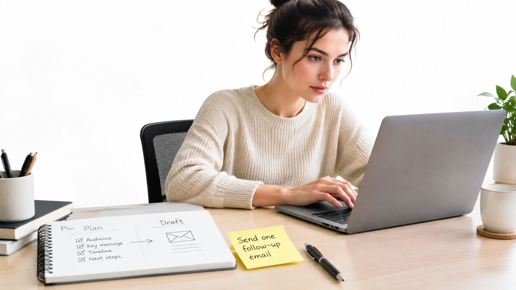 A woman working on a laptop at a desk with a project planning notebook and sticky note.