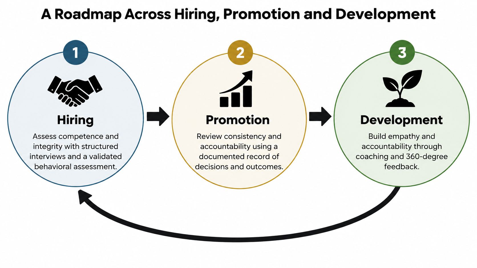 A circular infographic roadmap illustrating three stages: Hiring, Promotion, and Development with a continuous feedback loop.