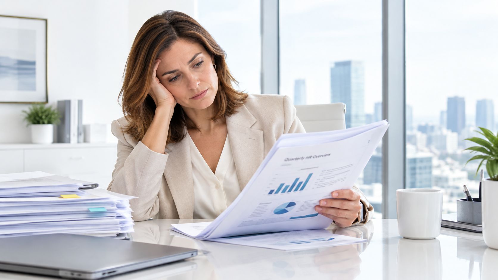 A professional woman sitting at a desk looking stressed while reviewing a quarterly HR report document.