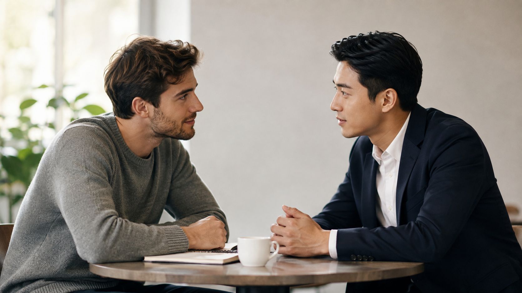 Two men sitting at a cafe table having a serious professional discussion during a meeting.