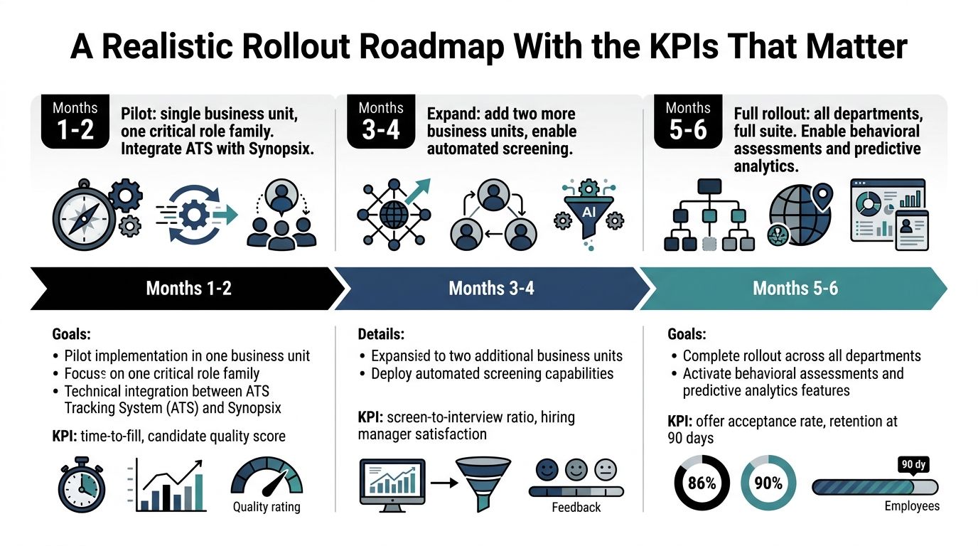 A timeline graphic showing a six-month rollout roadmap for talent acquisition software with key milestones and metrics.