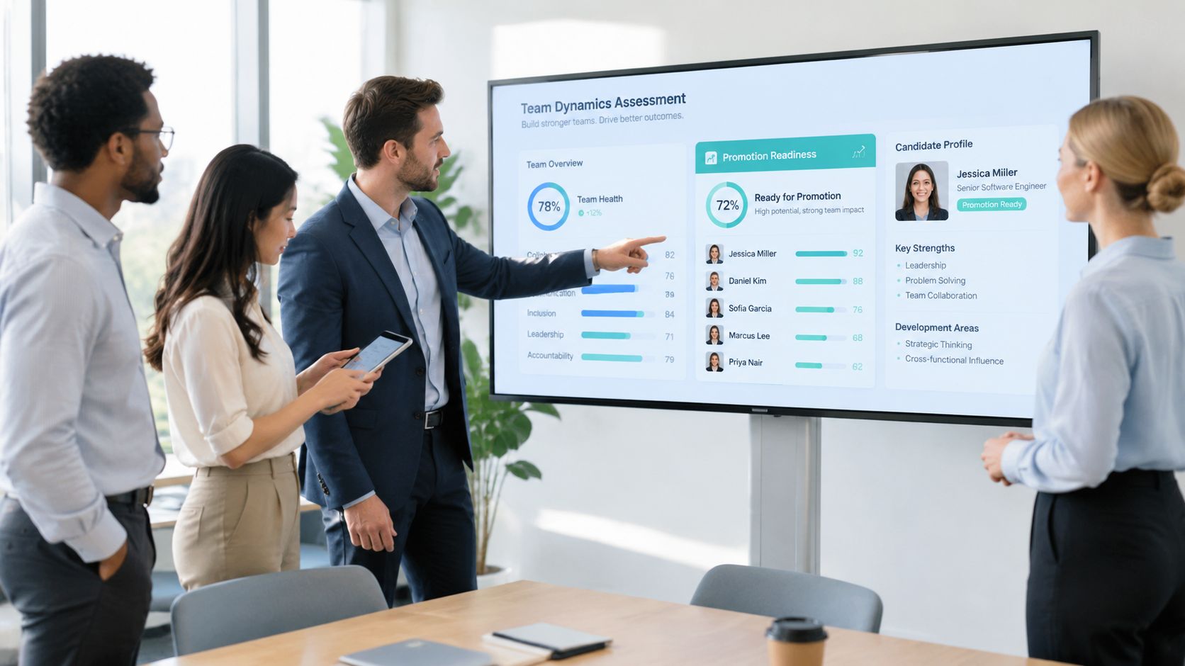 A professional team in a conference room analyzing team dynamics data on a large digital screen.