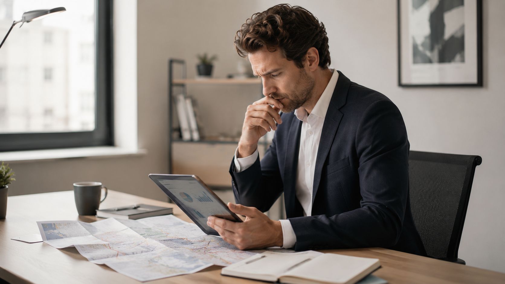 A professional man in a business suit reviewing charts on a tablet at his office desk.