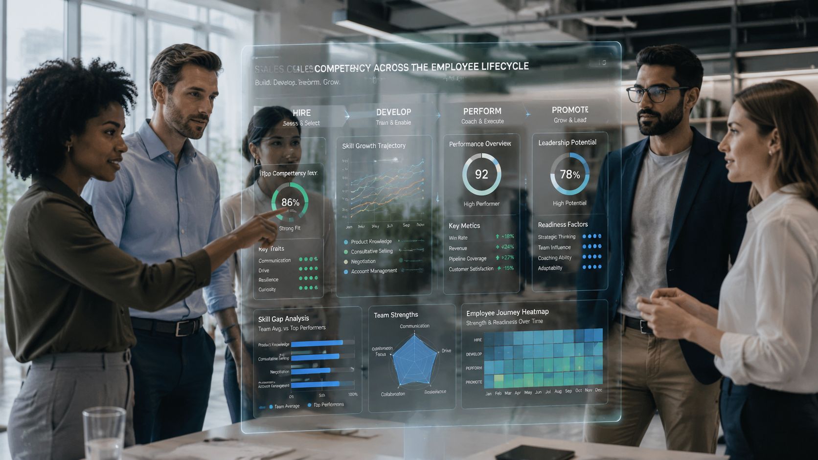 A professional team discussing a holographic sales competency assessment dashboard in a modern, bright office environment.