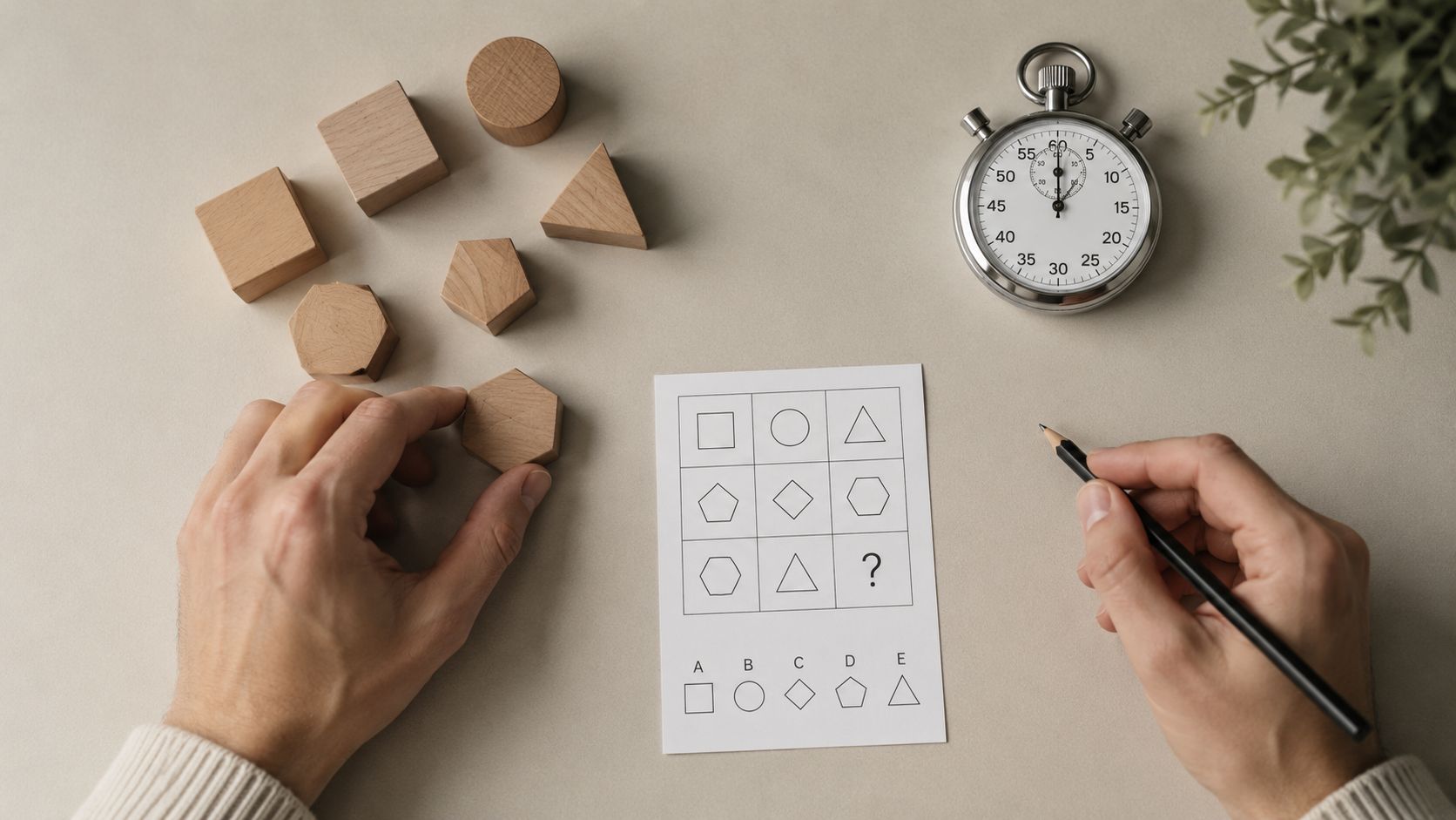 A person takes a psychometric test with wooden geometric shapes and a stopwatch on a desk.