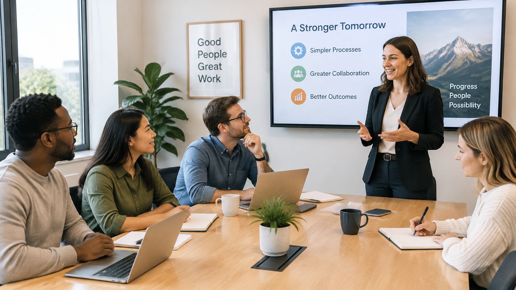 A professional woman presenting business strategies to a diverse team during a meeting in a modern office.