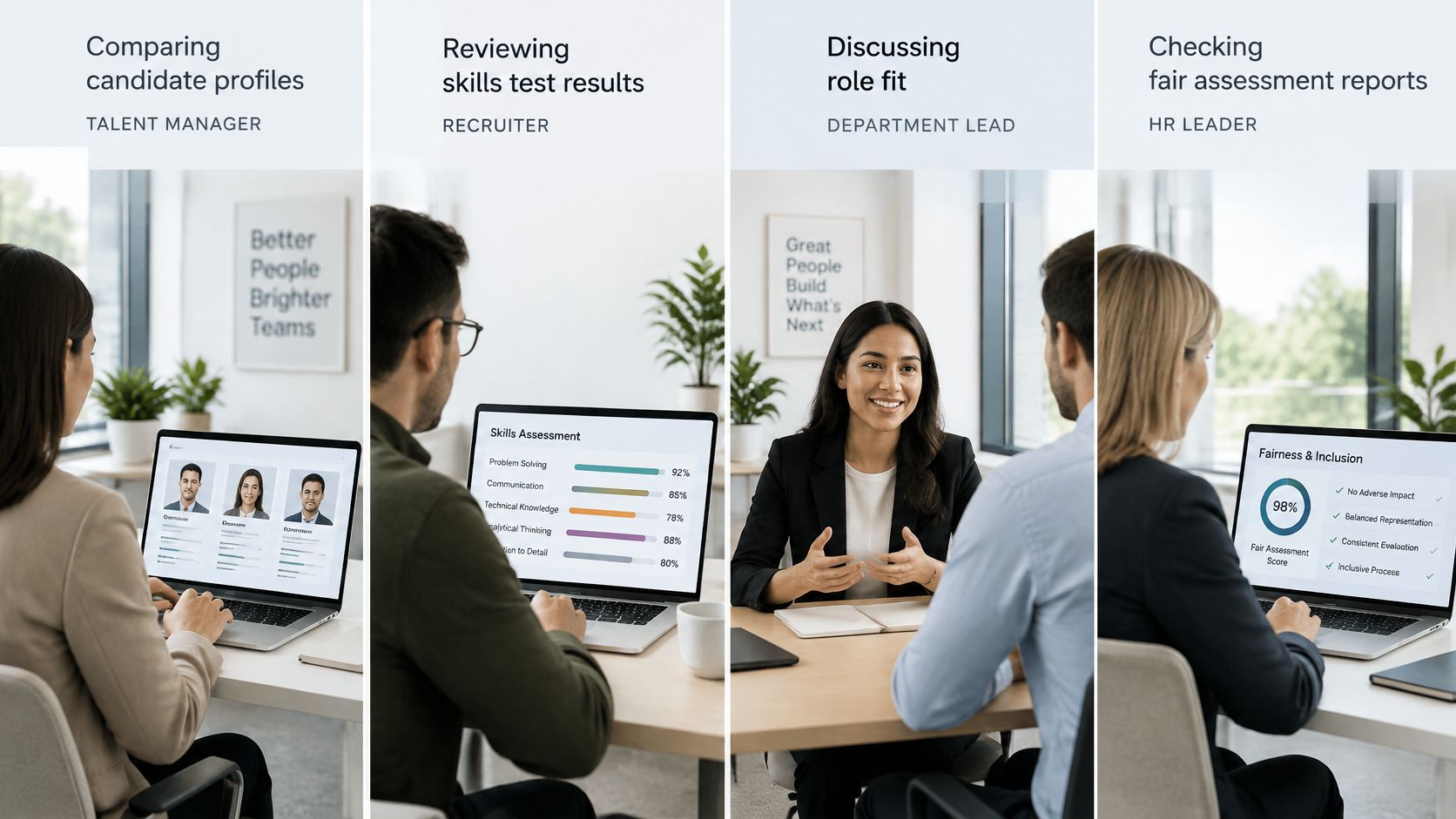 Professionals collaborating using hiring assessment software to review candidate skills and ensure fair, inclusive recruitment processes.