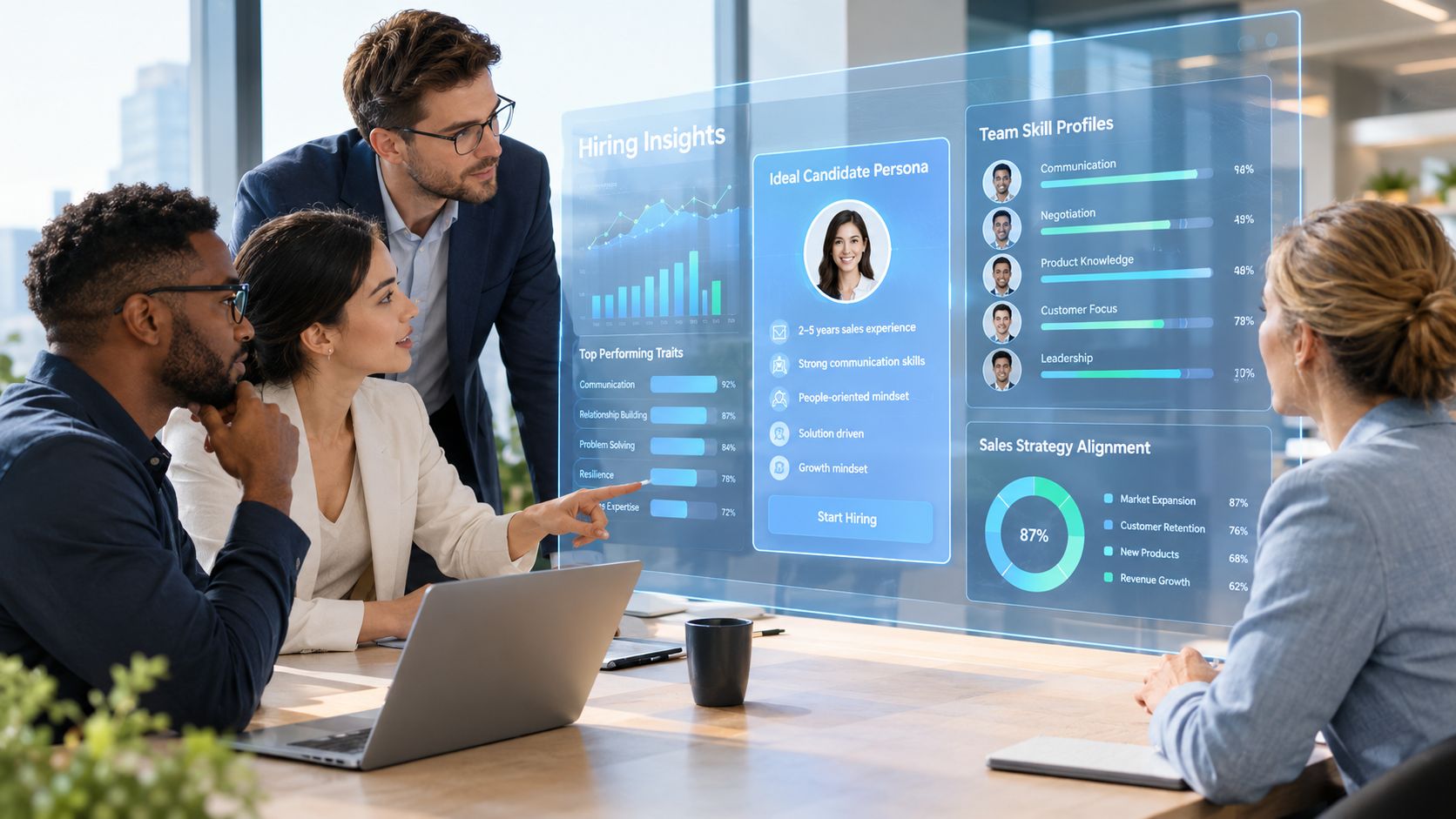 A professional team reviews data on a futuristic digital display during a collaborative business strategy meeting.