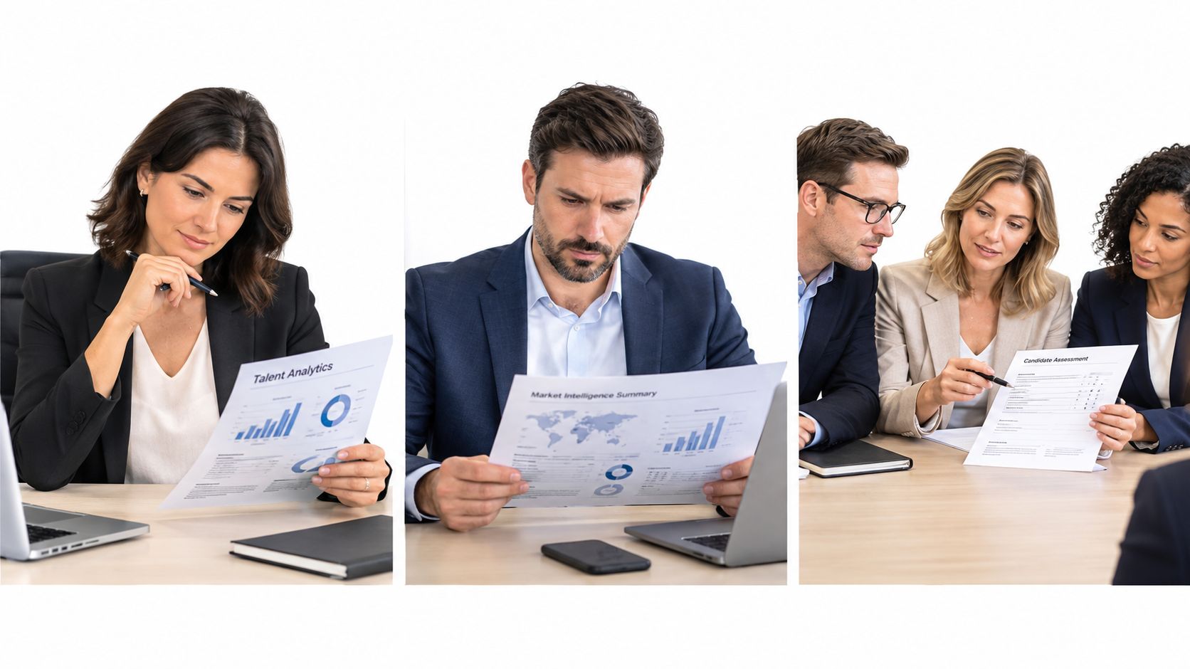 A professional business team analyzing talent data, market intelligence reports, and candidate assessment documents at their desks.