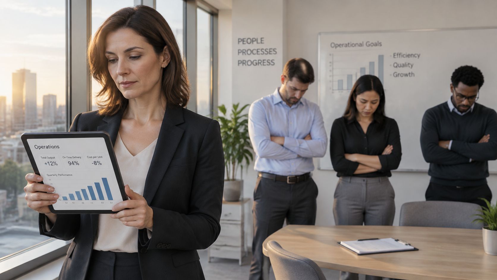 A professional woman reviews business data on a digital tablet while her colleagues stand in the background.