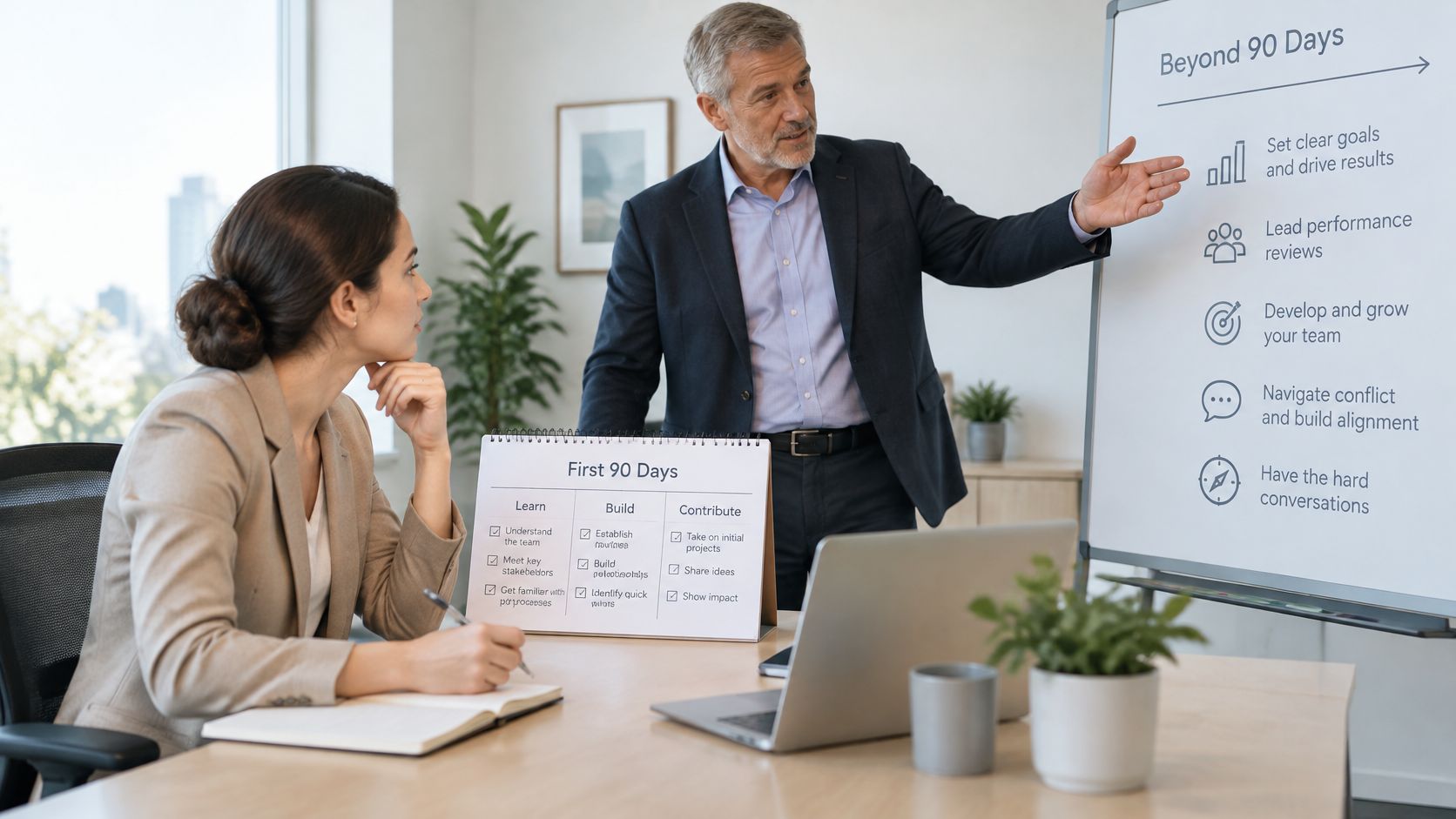 A professional manager mentors an employee using a visual guide for onboarding and long-term career goals.