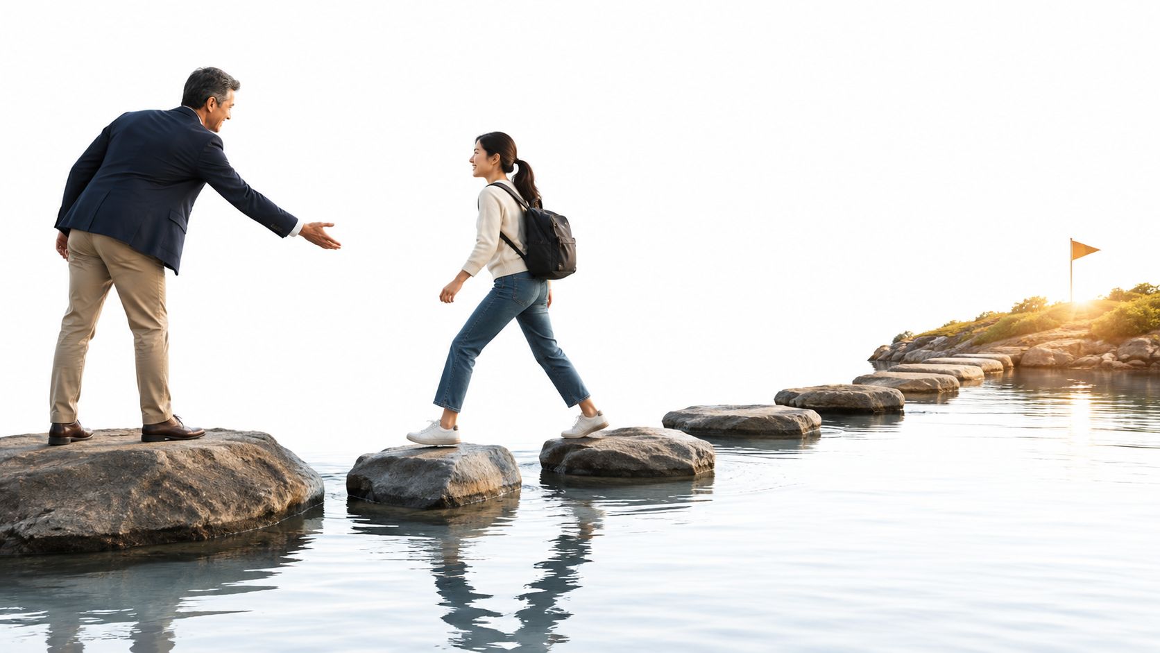 A professional man reaches out to help a young woman crossing stepping stones towards a goal flag.