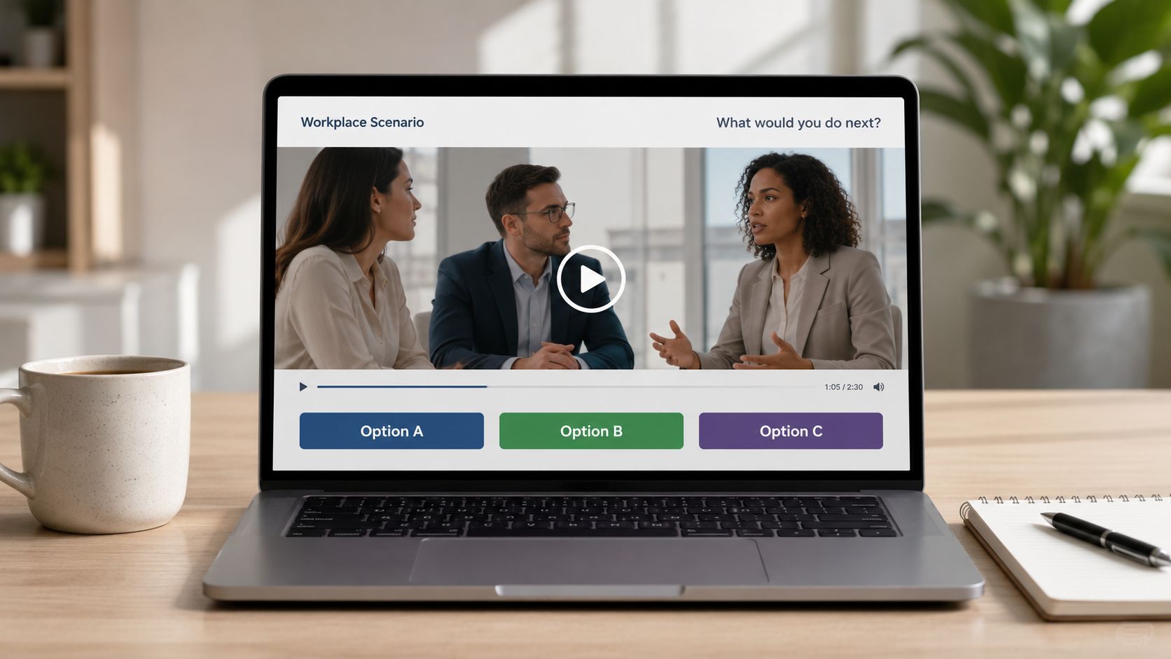 A laptop on a desk showing an interactive workplace scenario video with three multiple choice options.