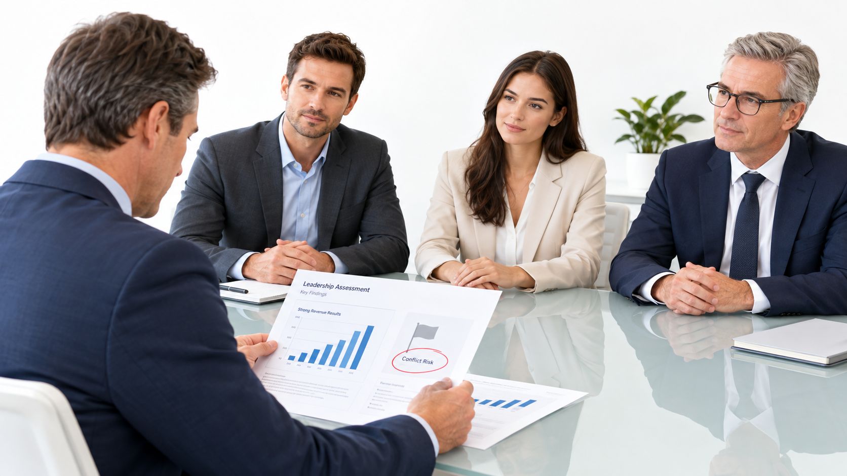 A professional business meeting where a man presents a leadership assessment report to three colleagues.