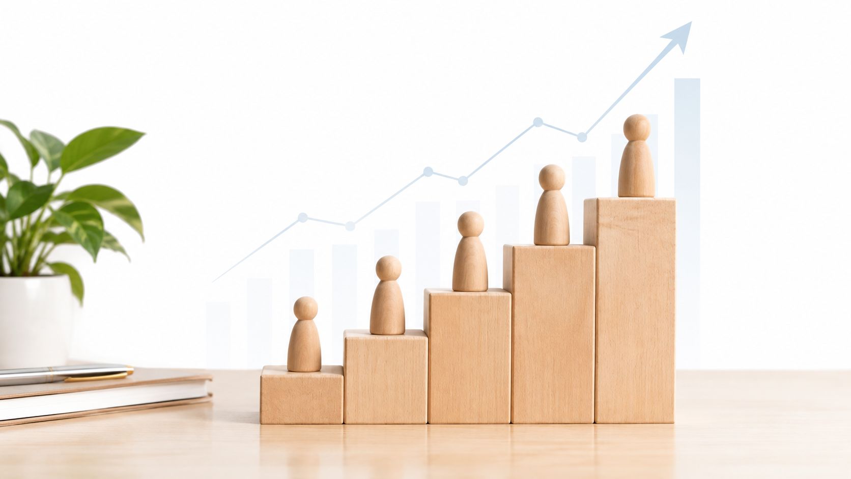 Wooden figures on increasing blocks representing growth, career advancement, and employee development strategies in a workspace.